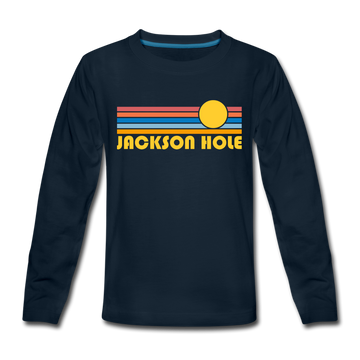 Jackson Hole, Wyoming Youth Long Sleeve Shirt - Retro Sunrise Youth Long Sleeve Jackson Hole Tee - deep navy