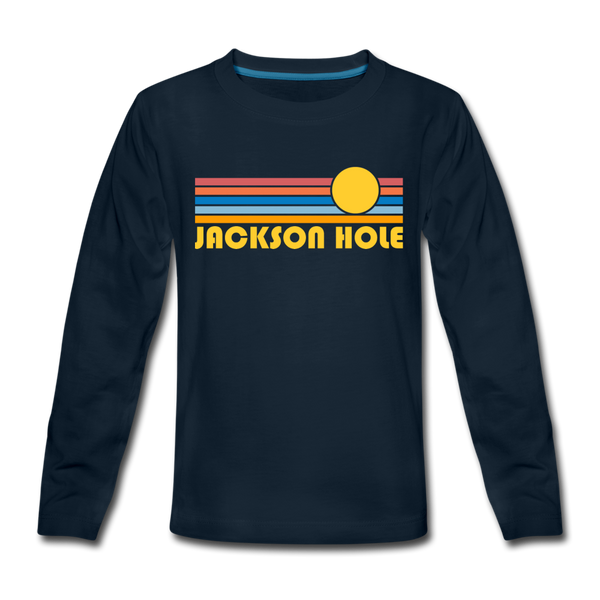 Jackson Hole, Wyoming Youth Long Sleeve Shirt - Retro Sunrise Youth Long Sleeve Jackson Hole Tee - deep navy