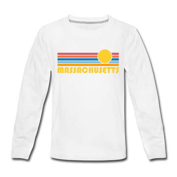 Massachusetts Youth Long Sleeve Shirt - Retro Sunrise Youth Long Sleeve Massachusetts Tee - white