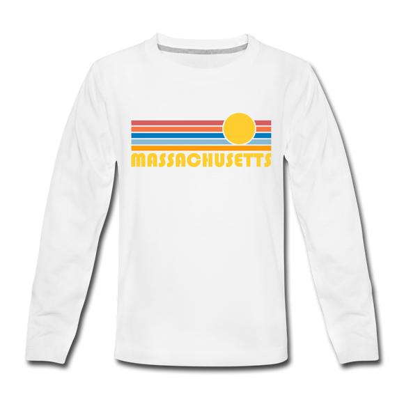 Massachusetts Youth Long Sleeve Shirt - Retro Sunrise Youth Long Sleeve Massachusetts Tee - white