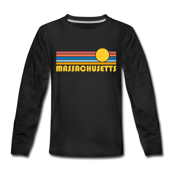 Massachusetts Youth Long Sleeve Shirt - Retro Sunrise Youth Long Sleeve Massachusetts Tee - black