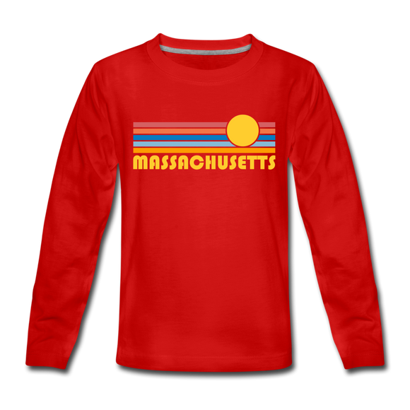 Massachusetts Youth Long Sleeve Shirt - Retro Sunrise Youth Long Sleeve Massachusetts Tee - red