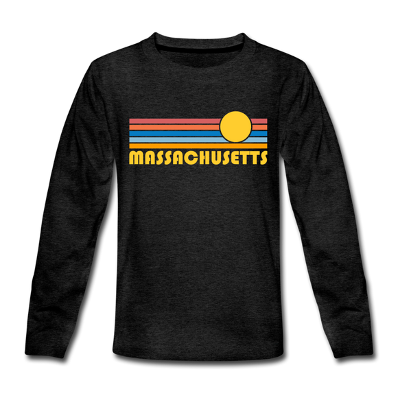 Massachusetts Youth Long Sleeve Shirt - Retro Sunrise Youth Long Sleeve Massachusetts Tee - charcoal gray