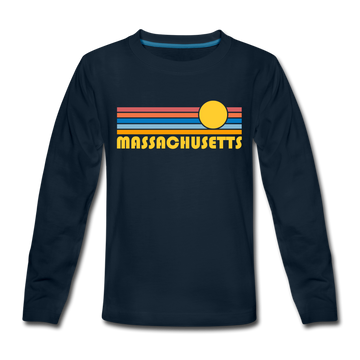 Massachusetts Youth Long Sleeve Shirt - Retro Sunrise Youth Long Sleeve Massachusetts Tee - deep navy