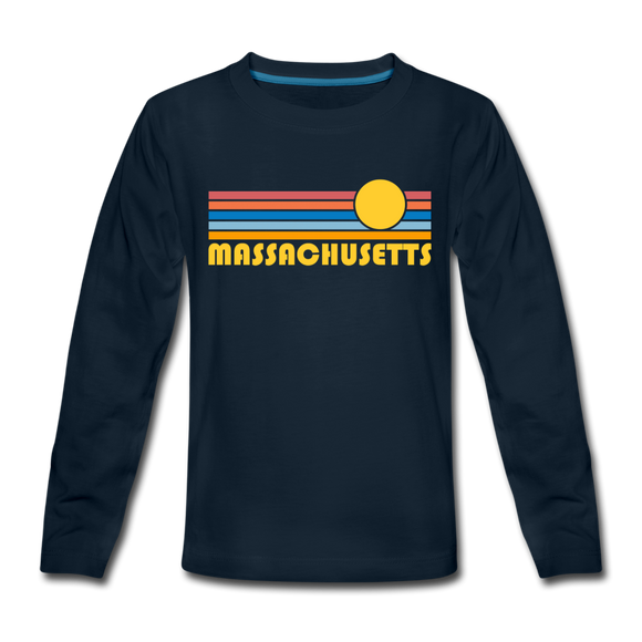 Massachusetts Youth Long Sleeve Shirt - Retro Sunrise Youth Long Sleeve Massachusetts Tee - deep navy