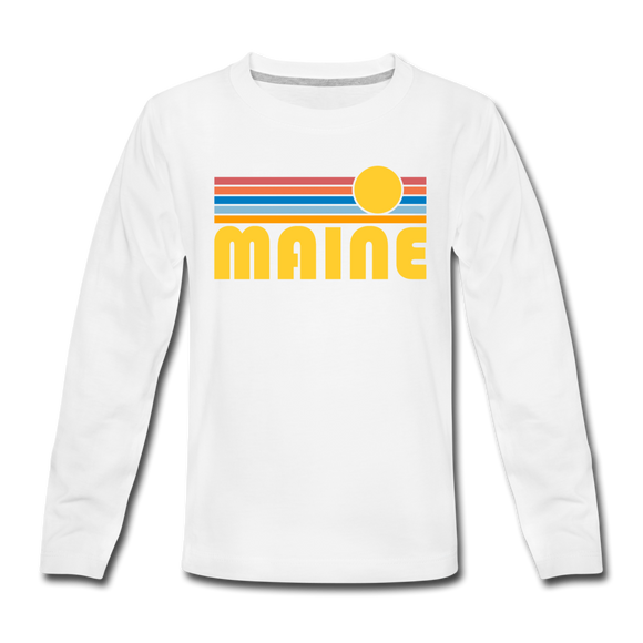 Maine Youth Long Sleeve Shirt - Retro Sunrise Youth Long Sleeve Maine Tee - white