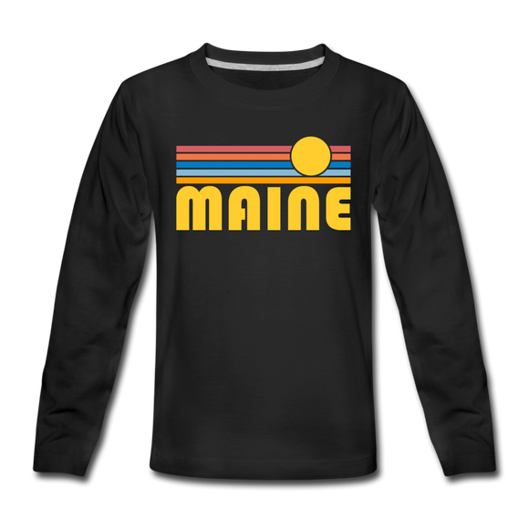 Maine Youth Long Sleeve Shirt - Retro Sunrise Youth Long Sleeve Maine Tee - black