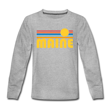 Maine Youth Long Sleeve Shirt - Retro Sunrise Youth Long Sleeve Maine Tee - heather gray