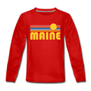 Maine Youth Long Sleeve Shirt - Retro Sunrise Youth Long Sleeve Maine Tee - red