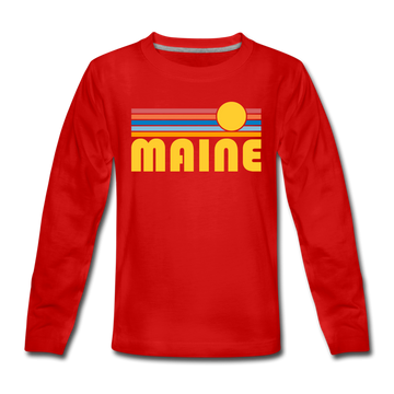Maine Youth Long Sleeve Shirt - Retro Sunrise Youth Long Sleeve Maine Tee - red