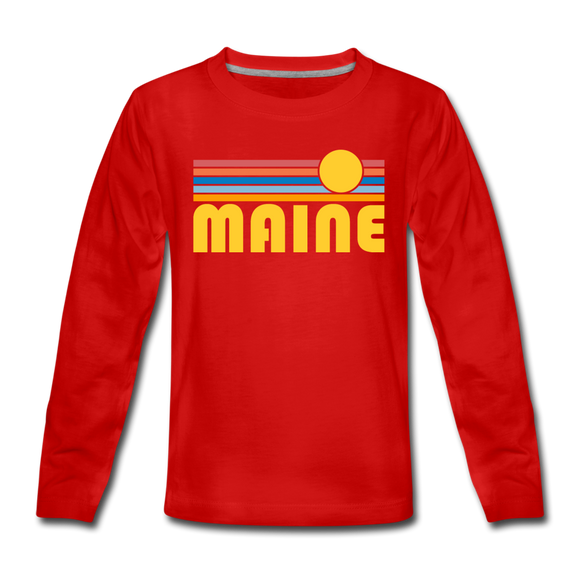 Maine Youth Long Sleeve Shirt - Retro Sunrise Youth Long Sleeve Maine Tee - red