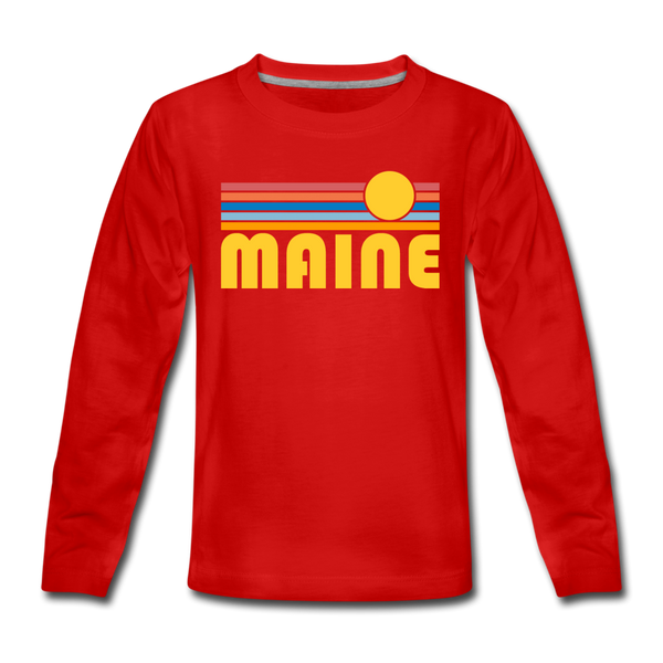 Maine Youth Long Sleeve Shirt - Retro Sunrise Youth Long Sleeve Maine Tee - red