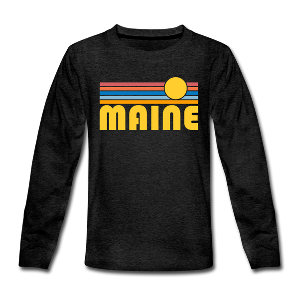 Maine Youth Long Sleeve Shirt - Retro Sunrise Youth Long Sleeve Maine Tee - charcoal gray