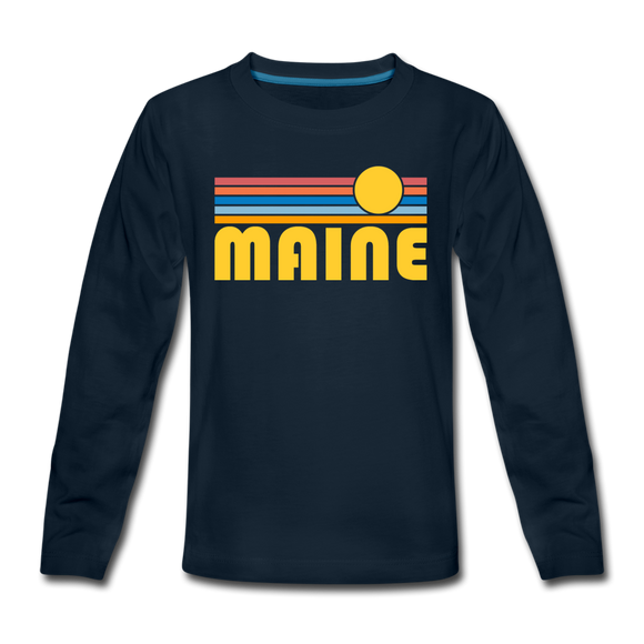 Maine Youth Long Sleeve Shirt - Retro Sunrise Youth Long Sleeve Maine Tee - deep navy