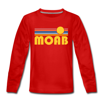 Moab, Utah Youth Long Sleeve Shirt - Retro Sunrise Youth Long Sleeve Moab Tee - red