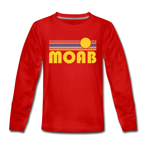 Moab, Utah Youth Long Sleeve Shirt - Retro Sunrise Youth Long Sleeve Moab Tee - red