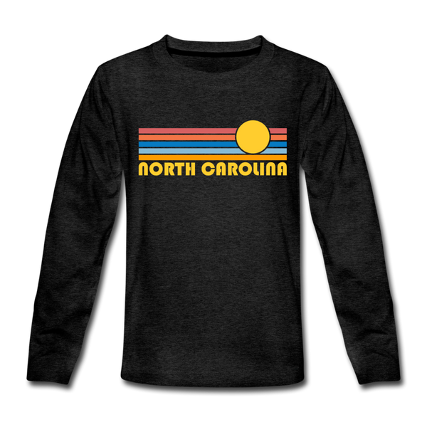 North Carolina Youth Long Sleeve Shirt - Retro Sunrise Youth Long Sleeve North Carolina Tee - charcoal gray