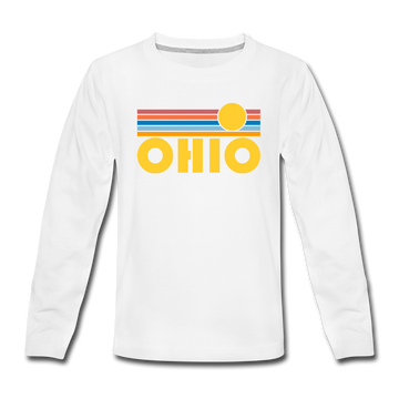 Ohio Youth Long Sleeve Shirt - Retro Sunrise Youth Long Sleeve Ohio Tee - white