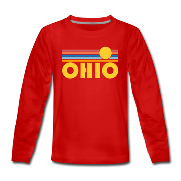 Ohio Youth Long Sleeve Shirt - Retro Sunrise Youth Long Sleeve Ohio Tee - red