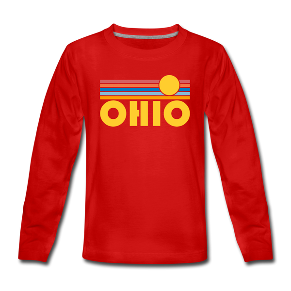 Ohio Youth Long Sleeve Shirt - Retro Sunrise Youth Long Sleeve Ohio Tee - red