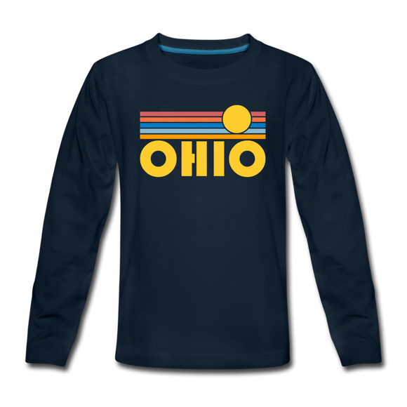 Ohio Youth Long Sleeve Shirt - Retro Sunrise Youth Long Sleeve Ohio Tee - deep navy
