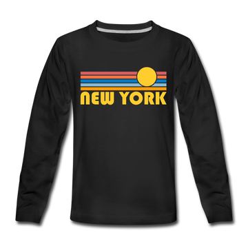 New York, New York Youth Long Sleeve Shirt - Retro Sunrise Youth Long Sleeve New York Tee - black