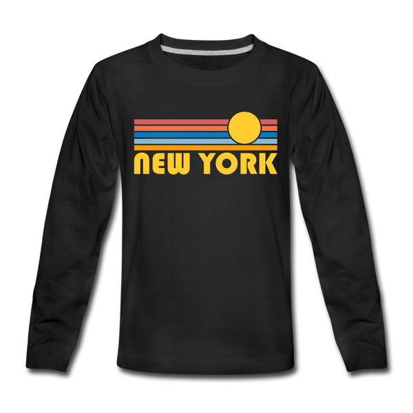 New York, New York Youth Long Sleeve Shirt - Retro Sunrise Youth Long Sleeve New York Tee - black