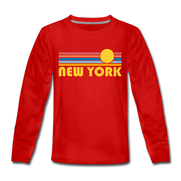 New York, New York Youth Long Sleeve Shirt - Retro Sunrise Youth Long Sleeve New York Tee - red