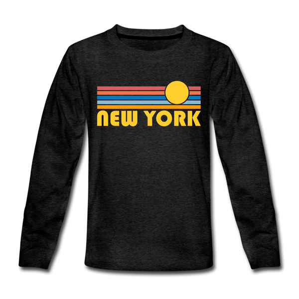 New York, New York Youth Long Sleeve Shirt - Retro Sunrise Youth Long Sleeve New York Tee - charcoal gray