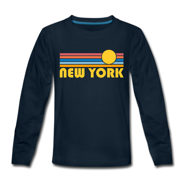New York, New York Youth Long Sleeve Shirt - Retro Sunrise Youth Long Sleeve New York Tee - deep navy