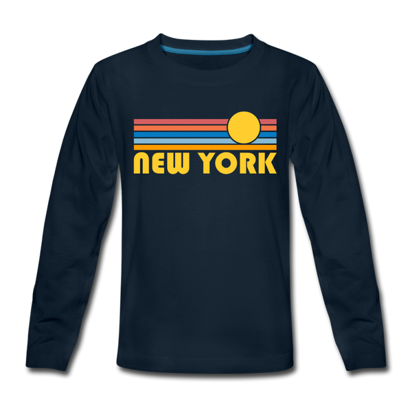 New York, New York Youth Long Sleeve Shirt - Retro Sunrise Youth Long Sleeve New York Tee - deep navy