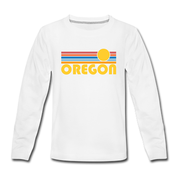 Oregon Youth Long Sleeve Shirt - Retro Sunrise Youth Long Sleeve Oregon Tee - white
