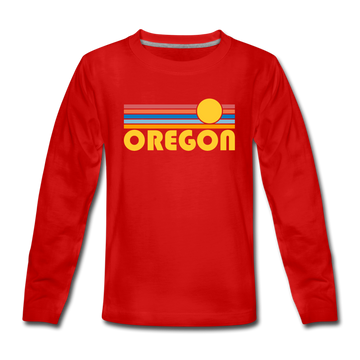 Oregon Youth Long Sleeve Shirt - Retro Sunrise Youth Long Sleeve Oregon Tee - red