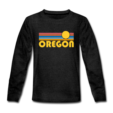 Oregon Youth Long Sleeve Shirt - Retro Sunrise Youth Long Sleeve Oregon Tee - charcoal gray