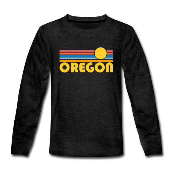 Oregon Youth Long Sleeve Shirt - Retro Sunrise Youth Long Sleeve Oregon Tee - charcoal gray