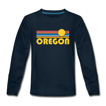 Oregon Youth Long Sleeve Shirt - Retro Sunrise Youth Long Sleeve Oregon Tee - deep navy