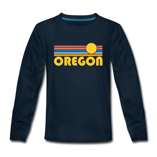 Oregon Youth Long Sleeve Shirt - Retro Sunrise Youth Long Sleeve Oregon Tee - deep navy