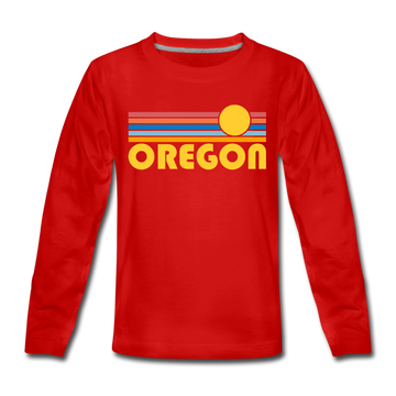 Oregon Youth Long Sleeve Shirt - Retro Sunrise Youth Long Sleeve Oregon Tee - red