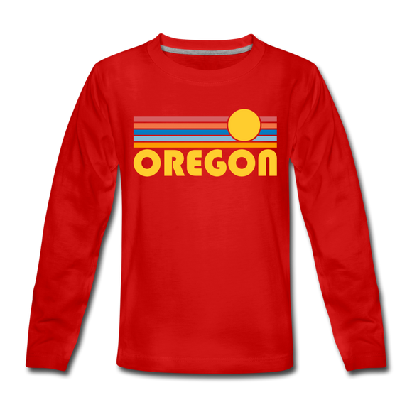 Oregon Youth Long Sleeve Shirt - Retro Sunrise Youth Long Sleeve Oregon Tee - red