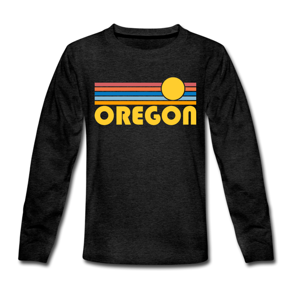 Oregon Youth Long Sleeve Shirt - Retro Sunrise Youth Long Sleeve Oregon Tee - charcoal gray