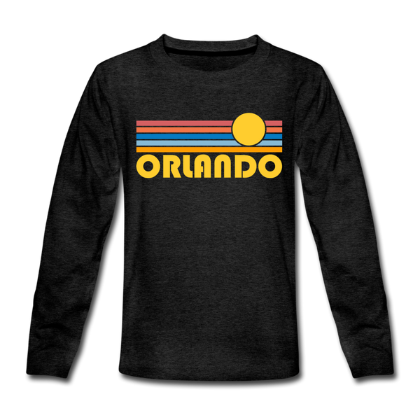 Orlando, Florida Youth Long Sleeve Shirt - Retro Sunrise Youth Long Sleeve Orlando Tee - charcoal gray