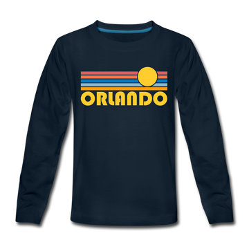 Orlando, Florida Youth Long Sleeve Shirt - Retro Sunrise Youth Long Sleeve Orlando Tee - deep navy