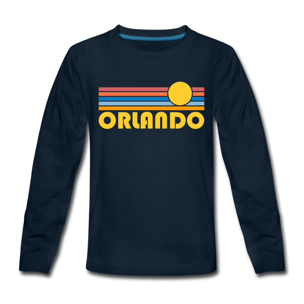 Orlando, Florida Youth Long Sleeve Shirt - Retro Sunrise Youth Long Sleeve Orlando Tee - deep navy