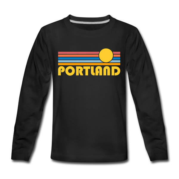 Portland, Oregon Youth Long Sleeve Shirt - Retro Sunrise Youth Long Sleeve Portland Tee - black