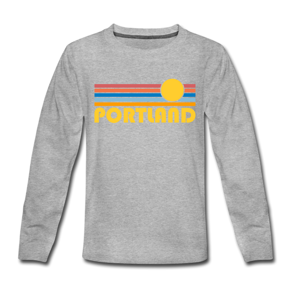 Portland, Oregon Youth Long Sleeve Shirt - Retro Sunrise Youth Long Sleeve Portland Tee - heather gray