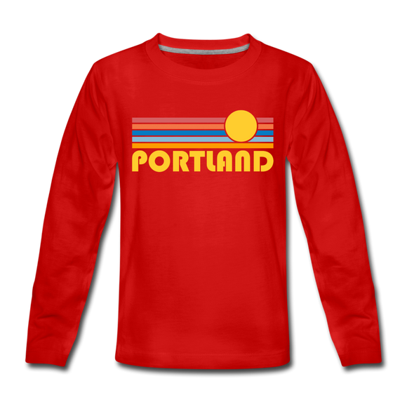 Portland, Oregon Youth Long Sleeve Shirt - Retro Sunrise Youth Long Sleeve Portland Tee - red