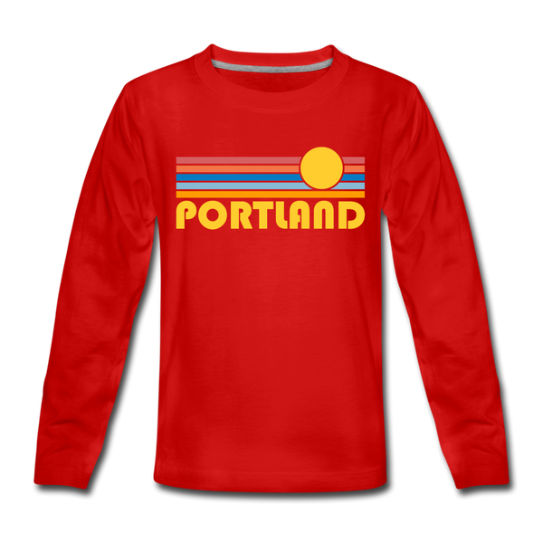 Portland, Oregon Youth Long Sleeve Shirt - Retro Sunrise Youth Long Sleeve Portland Tee - red