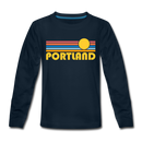 Portland, Oregon Youth Long Sleeve Shirt - Retro Sunrise Youth Long Sleeve Portland Tee - deep navy