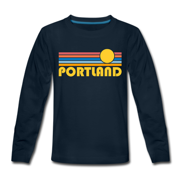 Portland, Oregon Youth Long Sleeve Shirt - Retro Sunrise Youth Long Sleeve Portland Tee - deep navy