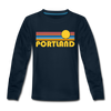 Portland, Oregon Youth Long Sleeve Shirt - Retro Sunrise Youth Long Sleeve Portland Tee - deep navy